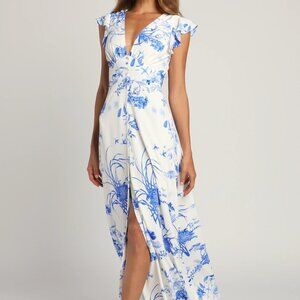 Lulus White with Blue Floral Print Flutter Sleeve Maxi Dress